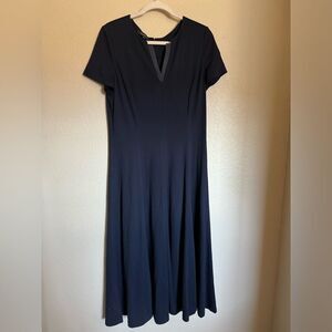 Lafayette 148 NY V-Neck Flowy Maxi Dress Sz Large‎ Deep Blue Short Sleeve